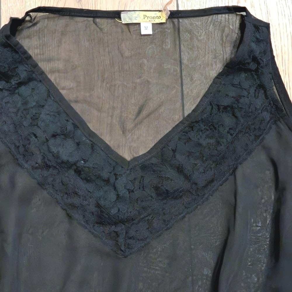 Pronto Top M Medium Black Sheer Cold Shoulder Peplum Shirt Sexy Whimsygoth Goth - Picture 2 of 4